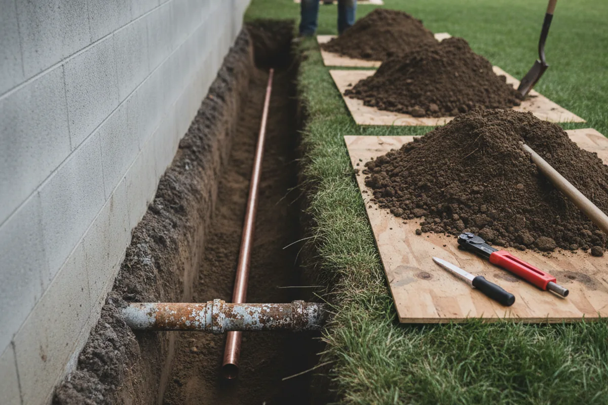 Excavated water line trench during Sewer Line Repair in Coburn